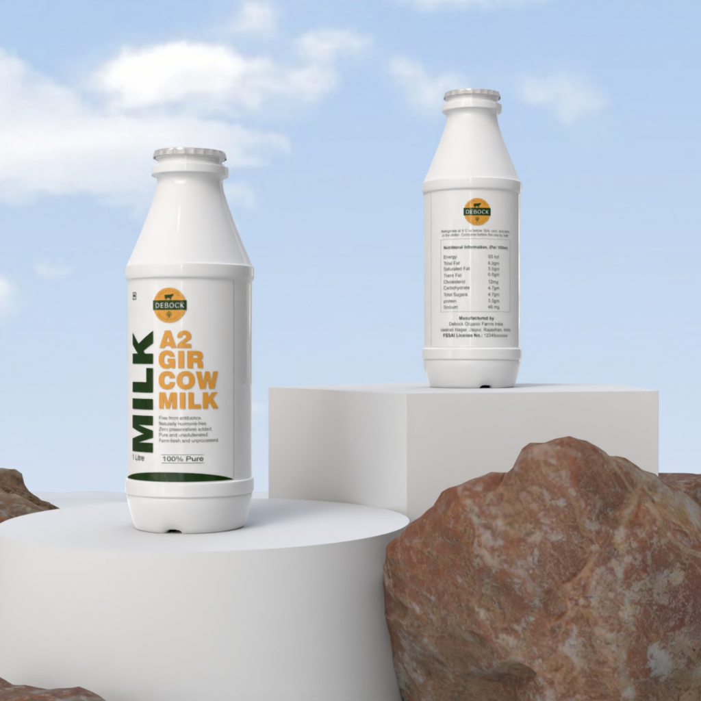 Two white bottles of A2 Gir cow milk are displayed on white cylindrical platforms among brown rocks, set against a blue sky with clouds. One bottle shows the front label, the other shows the back label.